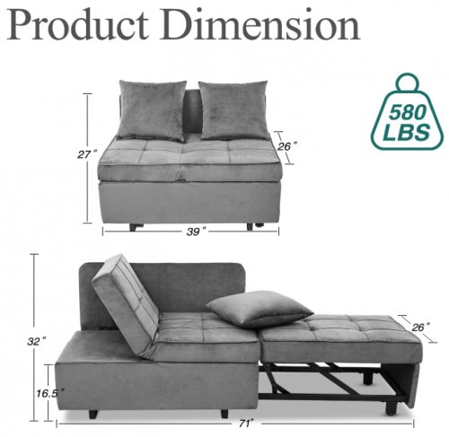 4-in-1 Convertible Pull Out Velvet Love seat SLEEPER Couch- 32"X 39"-71" X 26" - LIGHT GREY (MODEL: J1S050GR0M) image 2