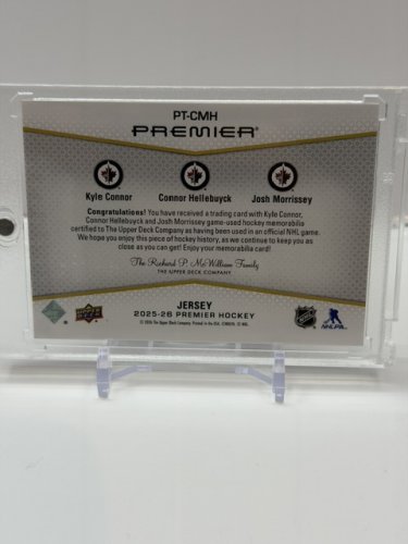 GAME USED TRIPLE PATCH HOCKEY MEMORABILIA CARD OF KYLE CONNOR, CONNOR HELLBUYCK AND JOSH MORRISSEY image 2