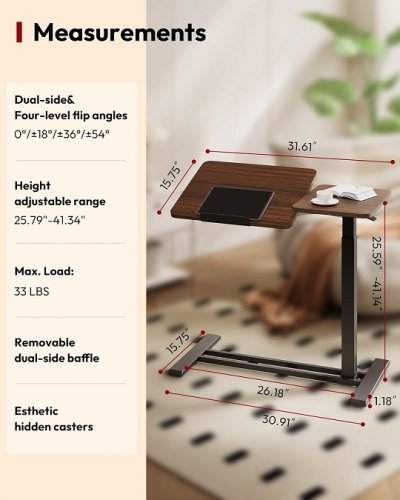 sanodesk tilting mobile laptop desk end table - 31.61" x 15.75" x 25.59-41.14" - black/walnut (model: h7d-flex-32) image 2