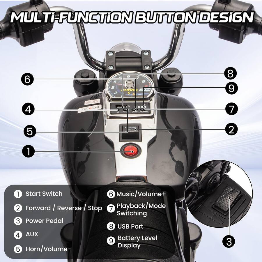 Kids GARVEE Electric 3-Wheel Ride On Motorcycle wITH Training Wheels - 12V - BLUE/BLACK -(MODEL: wh8898) image 2
