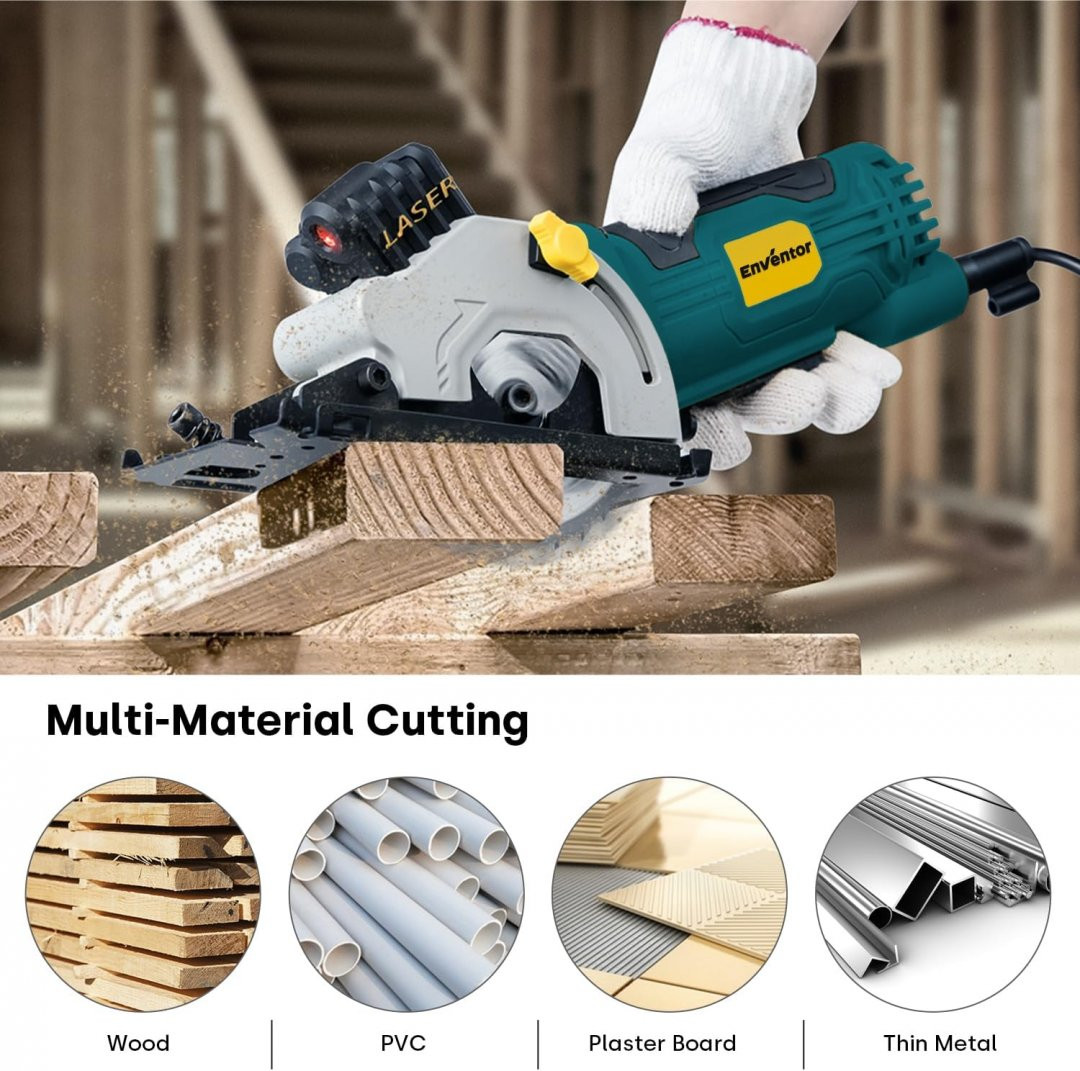 enventor mini corded 3-1/2" circular saw with precise laser guide & 3 ASSORTED 89mm saw blades - 5A, 5500RPM - blue (model: 7663L) image 2