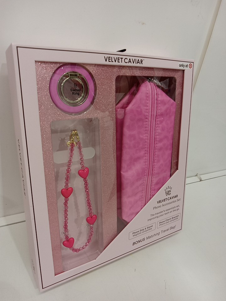 3pc velvet caviar phone accessories set with swivel ring , charm band and travel bag - pink hearts / leopard print image 2