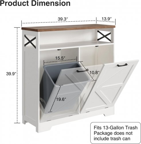 Farmhouse Double Tilt Out Trash Can Cabinet - 39.9" x 39.3" x 13.9" - 13 Gallon - White (Model: J1S040BS0M) image 2