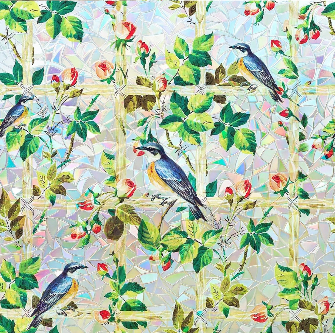 COAVAS NO GLUE PRIVACY UV BLOCKING WINDOW FILM - 29.5" X 78.7"/~6.5FT X ~2.45FT - BIRDS/LEAVES RAINBOW image 2
