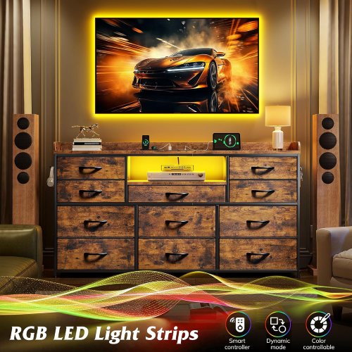 enhomee 11-drawer fabric dresser/tv stand with led lights & charging station - 47" x 12" x 31" - rustic brown - (model: 55scdrd3scg) image 4