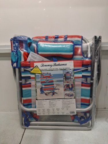 TOMMY BAHAMA FOLDABLE BACKPACK BEACH CHAIR WITH STORAGE PACKS AND CUP HOLDER - red/blue stripes image 2