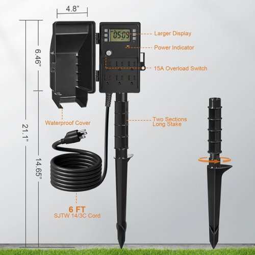 SURAIELEC 7-day Programmable Outdoor Power Stake with Digital Timer - 6FT Cord - 15AMP - 1875W - Black (Model: USTD16A/B) image 3