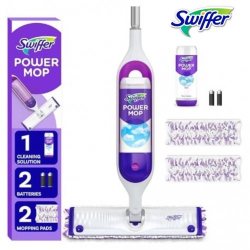 SWIFFER POWERMOP MULTI-SURFACE MOP KIT WITH 2 MOPPING PAD REFILLS, 1 FLOOR CLEANING SOLUTION WITH FRESH SCENT AND 2 BATTERIES - PURPLE AND WHITE image 1