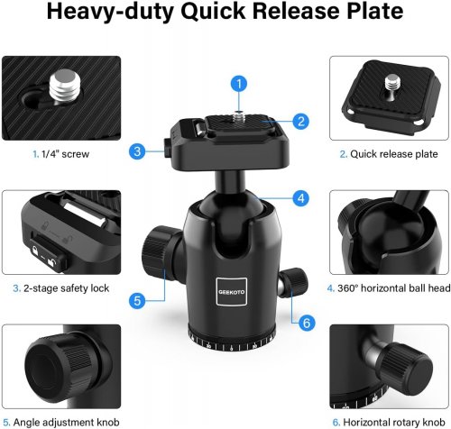 GEEKOTO 2-in-1 CAMERA TRIPOD with 360° Ball Head and Quick Release Plate and carrying case -  73" - black image 2