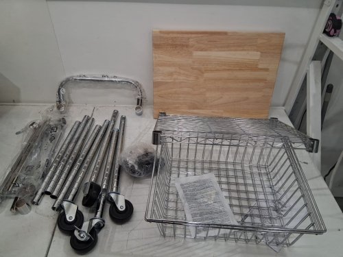 AMAZON BASICS 3-TIER METAL BASKET ROLLING CART WITH WOOD TOP - CHROME image 2
