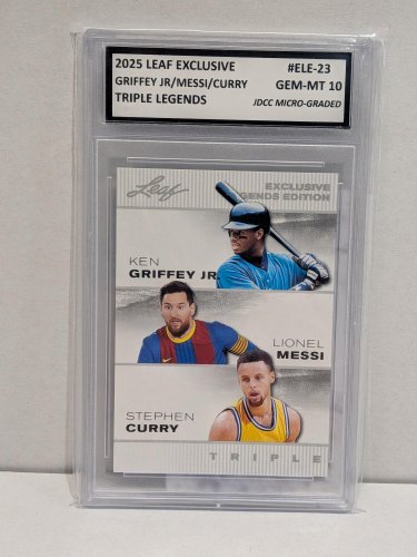 GRIFFEY JR / MESSI / CURRY TRIPPLE LEGENDS MLB / FIFA / NBA CARD - JDCC GEM MINT 10 - 2025 LEAF EXCLUSIVE #ELE-23 image 2