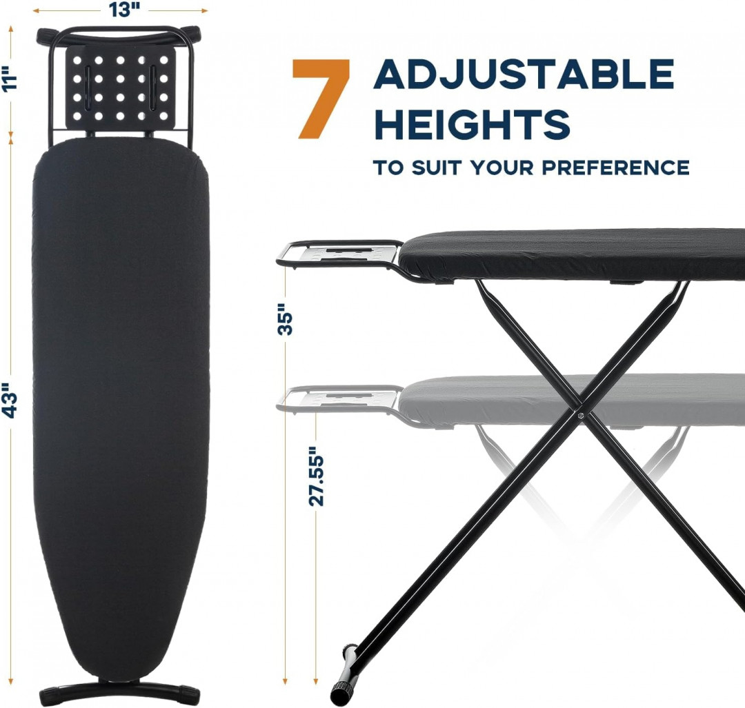 RAINHOL heavy duty compact/folding adjustable ironing board with iron rest, heat resistant cover & ultra thick padding - 54" x 13" - black (model: Y82-1501-03) image 2