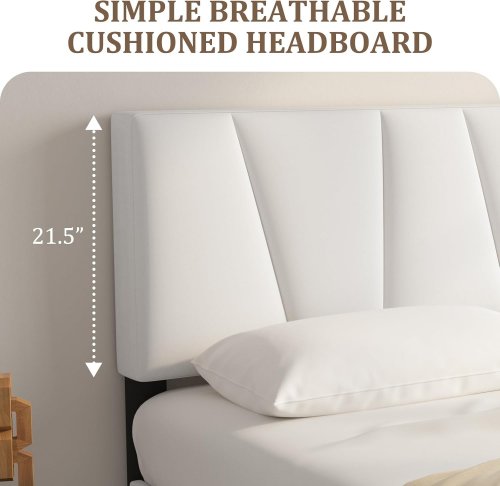 Shelvory Full Bed Frame with Cream Linen Headboard no box spring needed - 400lb max capacity - off white image 3