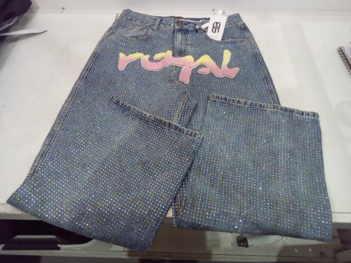 MEN'S BIRTH OF ROYAL CHILD Blue Graffiti-Print Crystal-Embellished Jeans - EXTRA LARGE -BLUE image 3