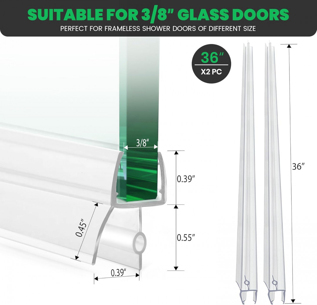 2PK waterproof & durable Bathroom Shower Door Seal Strip - for 3/8" glass - 36" / each - Clear (Model: XJ3-10) image 2