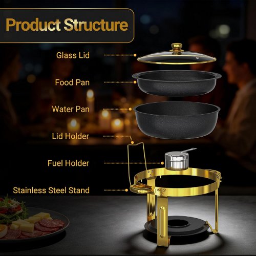 4pk effiQ-rate round maifanite-coated chafing dish buffet set with glass lids & utensils - 5qt - gold/black image 2