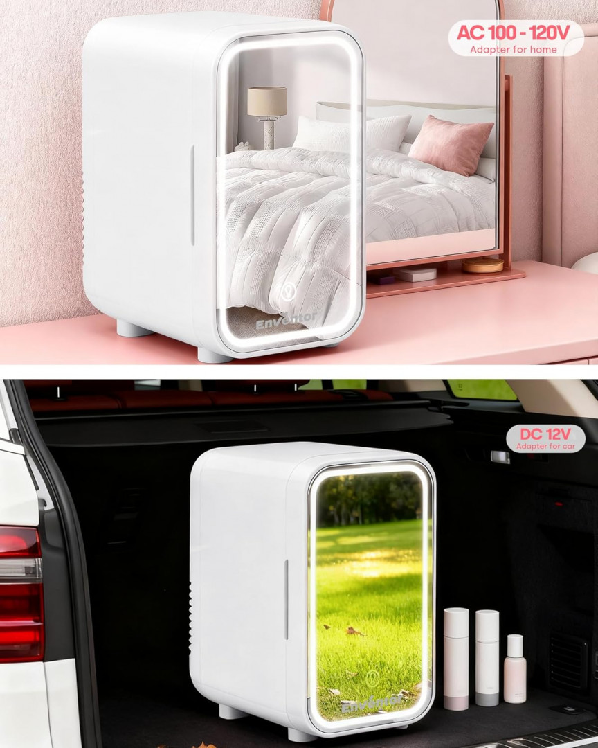 enventor portable mini fridge with dimmable touch control LED mirror & light with dual cooling/warming modes - DC/AC- 6L (8 cans) - white (model: MFA-6L-I) image 5