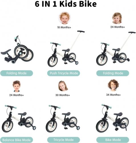5-in-1 joyano foldable kids tricycle/balance bike with removable push bar - indoor/outdoor -  2y-8y - black/red - (model: svt-012) image 2