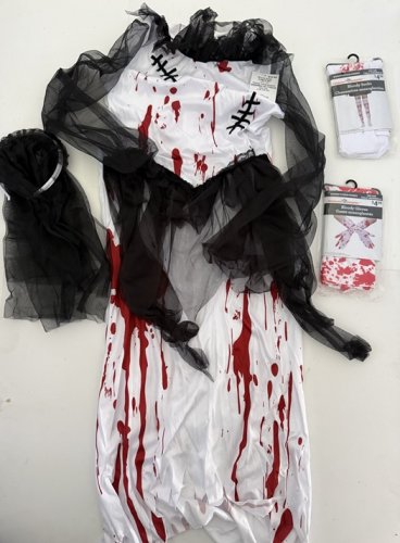 4PC GIRLS WAY TO CELEBRATE BLOODY BRIDE COSTUME DRESS, VEIL, SOCKS, GLOVES - LARGE (10-12) - WHITE/BLACK/RED image 4