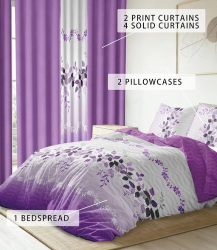 9pc REYLOX VINTAGE bedspread, pillowcase and curtain bedroom set - QUEEN - FLORAL PURPLE image 2