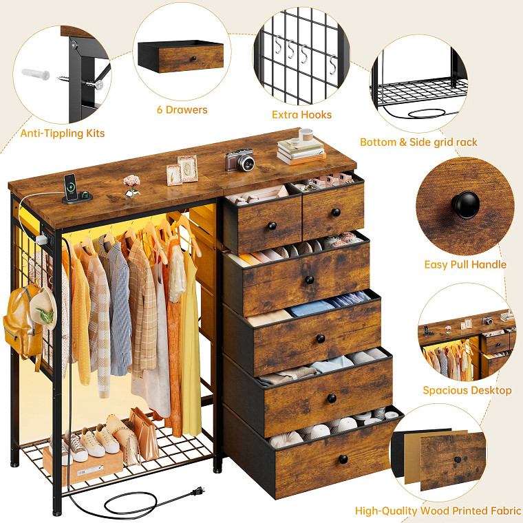 snhomee 6-fabric drawer dresser with hanging rack, LED lights & charging station - 16" x 47" x 49" - rustic brown (model: 55scdru2) image 3