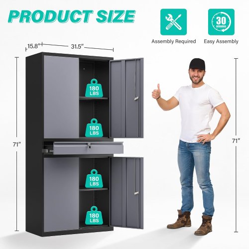 sisesol metal locking storage cabinet with 4 doors and drawer - 71" x 31" x 16" - black/gray - (model: dbusgj24418bg) image 2