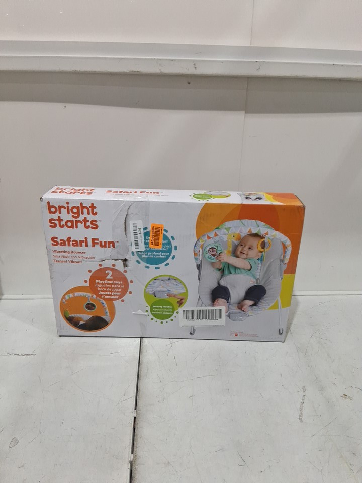 bright starts vibrating bouncer with 3-point harness and removable toy bar - 20lb max - safari fun (model: 12204) image 2