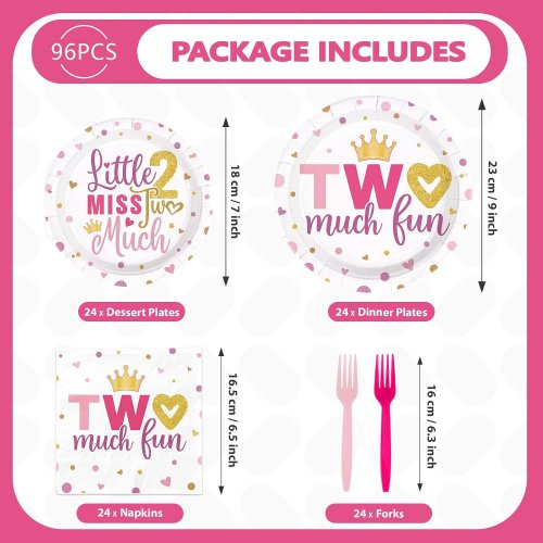 96pc Greencian Two Much Fun 2nd Birthday Party Tableware Set - white/pink gold image 2