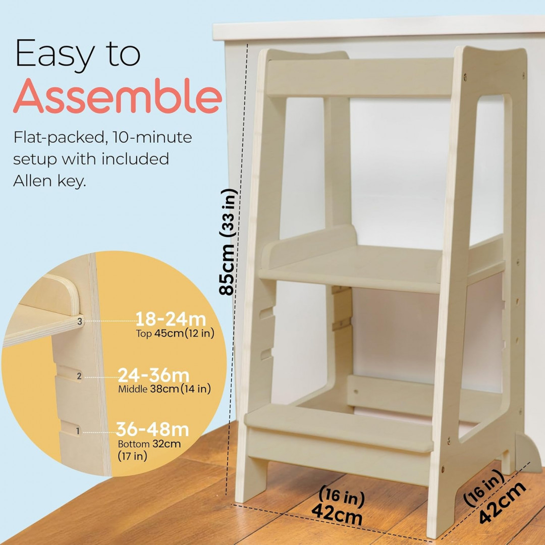 STEPUP BABY MONTESSORI TODDLER TOWER - for KITCHEN HELPing/learning WITH ADJUSTABLE STEPS AND SAFETY RAIL - wood image 2