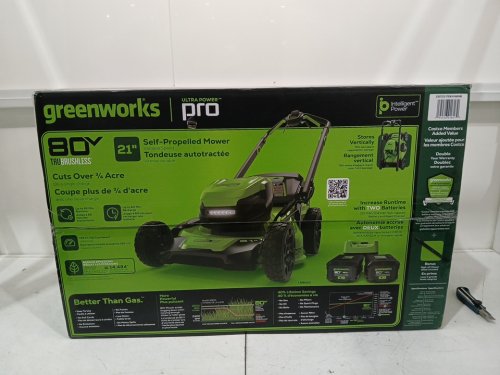 GREENWORKS SELF-PROPELLED LAWN MOWER WITH 1 EXTRA BLADE AND BATTERY CHARGING STATION - 80V - 21" - 2.0 AH + 4.0 AH BATTERY - GREEN (MODEL: LMB455) image 2