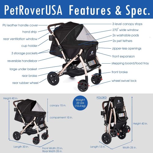 hpz pet rover heavy duty folding pet stroller travel carriage - XL (75lbs max) - black/brown - (model: ds334xl) image 2