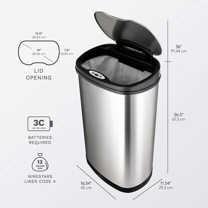 NINESTARS MOTION SENSOR TRASH CANS - 50L  - STAINLESS STEEL/SILVER (MODEL: DZT-50-13) image 3