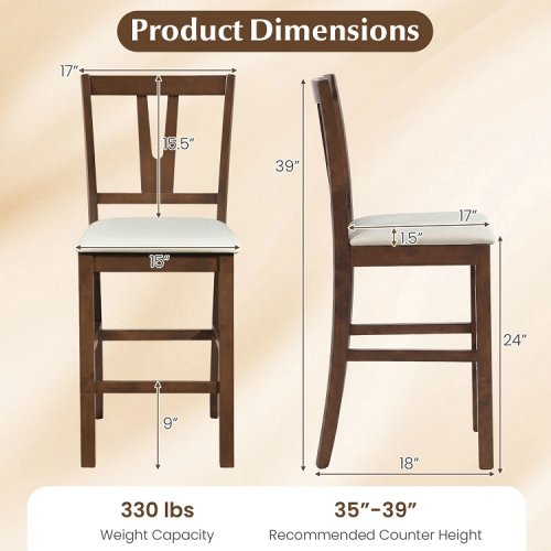 2pk costway counter height bar stools with contoured v-back - 18" x 39" x 17" - brown/beige (model: jv14337wn-2) image 2