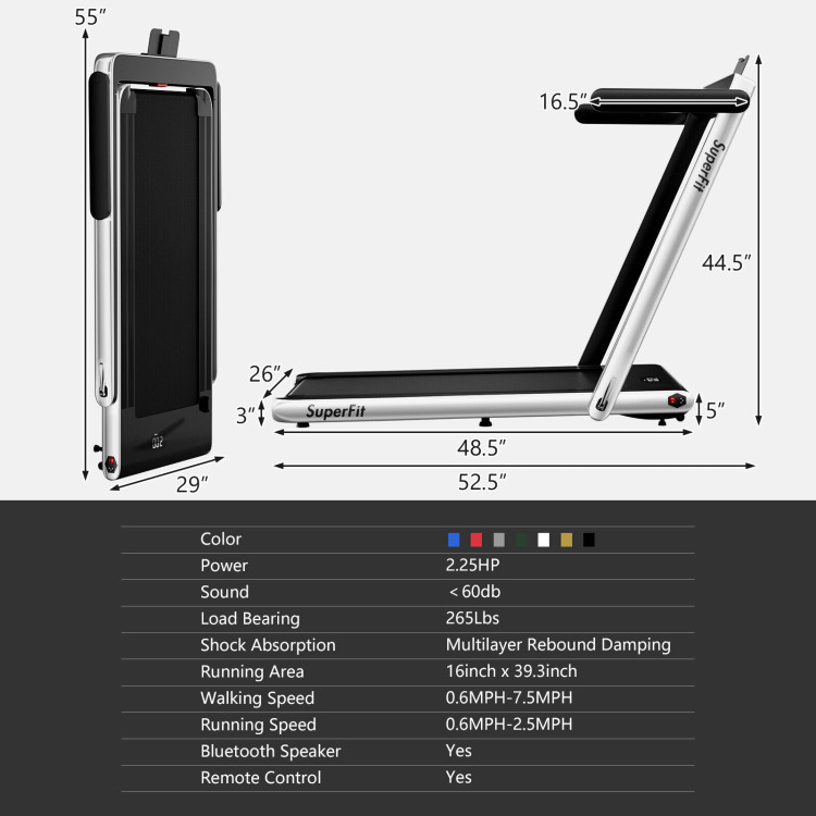 COSTWAY SUPERFIT FOLDING TREADMILL WITH REMOTE - APP SPEAKER  - LED DISPLAY -2.25HP WITH 7.5MPH TOP SPEED - SILVER (MODEL: SP37591SH-SL) image 2