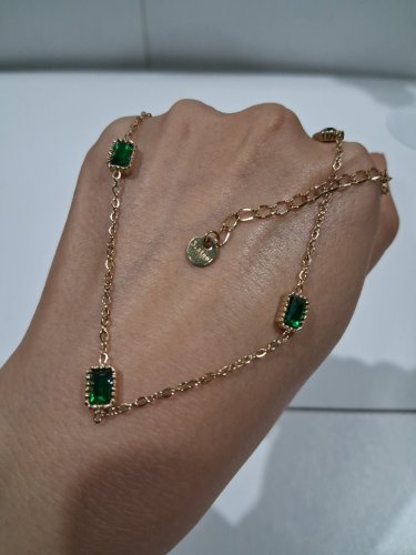 316l stainless steel rectangular cubic zirconia charm necklace - 16" - 18"/5mm x 6mm each charm - gold/green image 4