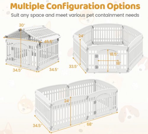 costway 3-in-1 6-panel plastic dog playpen - 68" x 34.5" x 24" - white (model: pw10118wh) image 2