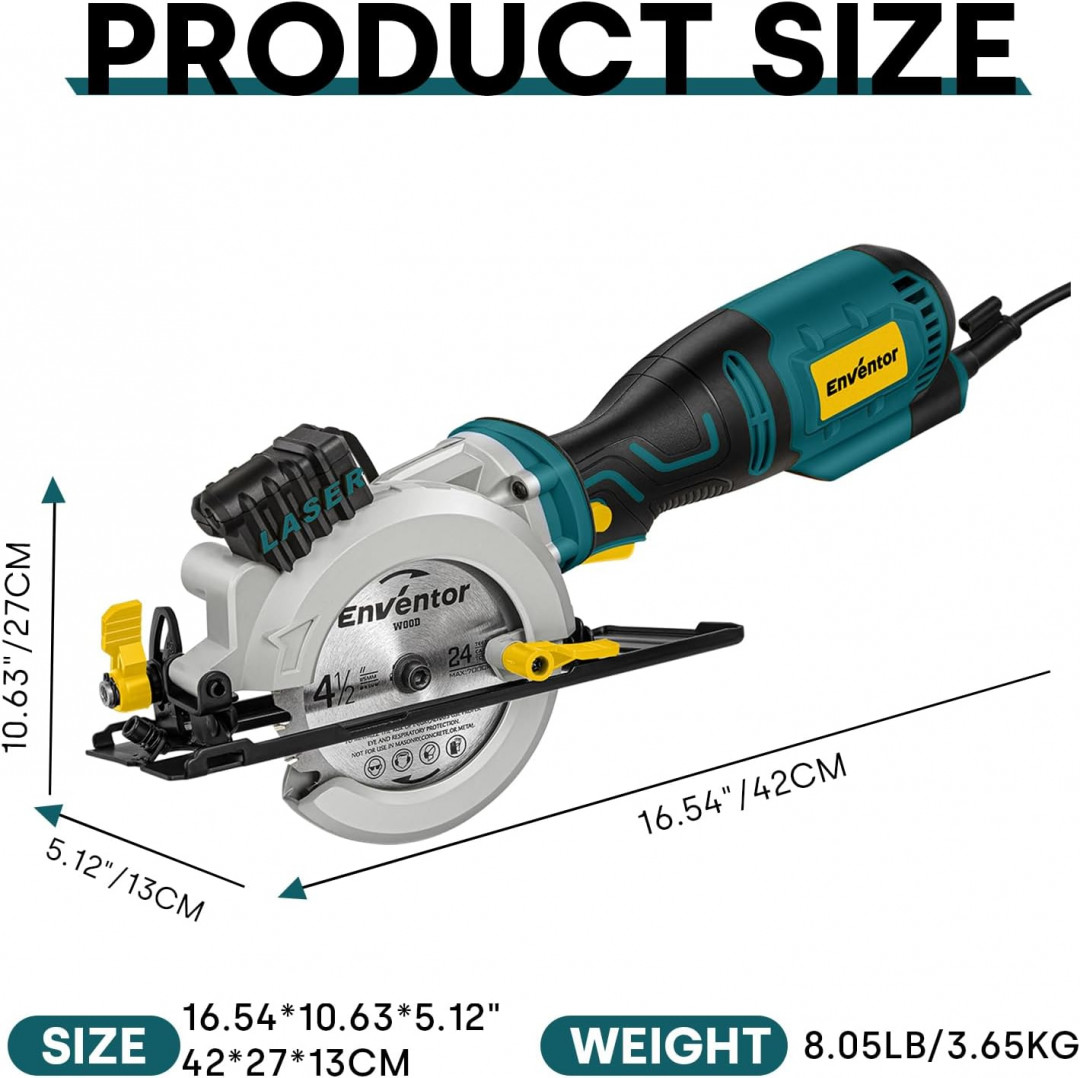 enventor mini corded 4-1/2" circular saw with precise laser guide & 6 assorted 115mm blades - 5.8A, 3500RPM - blue (model: 76604L) image 2