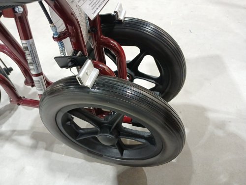 MEDLINE BASIC ALUMINUM TRANSPORT WHEELCHAIR 12" REAR WHEELS WITH BRAKES - 19 - 300LBS CAPACITY - RED/BLACK (MODEL: MDS808210ARE) image 5