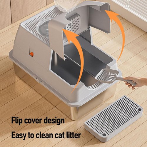 FOCKETY Stainless Steel Cat Litter Box with Lid - STAINLESS STEEL/ORANGE image 2