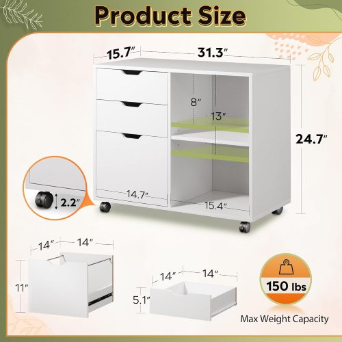 DEVAISE 3 Drawer File Cabinet on wheels - 24.7" x 31.3" x 15.7" - White (model: AHDG082) image 2