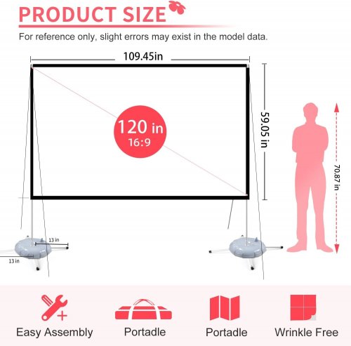 wediou portable outdoor projector screen with heavy duty stand for backyard home theater - 16:9 - 120" - White (Model: 120 inch) image 2