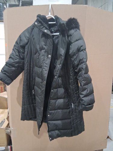 WOMENS SLOW DOWN Hooded Mid-Length Down Jacket with side pockets and hood - large- black image 2