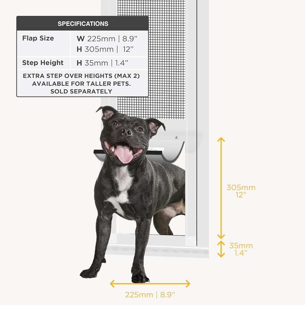 hakuna pets mesh sliding patio door pet door insert with aluminum frame - 14.3" X 63" - 84.25" - White (model: 5007) image 2