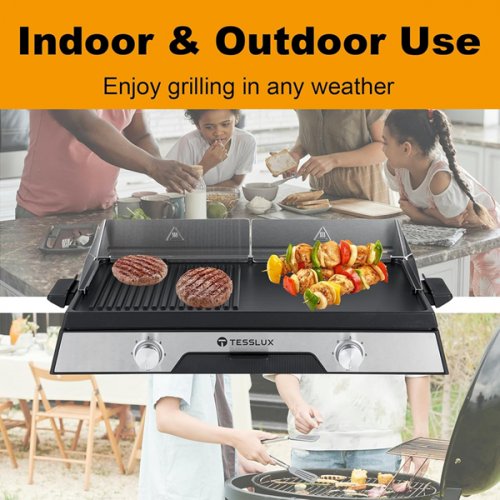 Tesslux XL Electric Grill Non-stick Griddle Combo - 21” X 13" - 1600W - BLACK/SILVER image 4