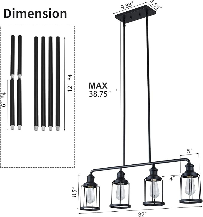 MAVCADONF 4-LIGHT linear pendant light fixture adjustable -E26 socket/120V - black metal (model: PM2121-4l-MB) image 3
