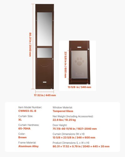 XL Dog Door for Sliding Glass Doors - adjustable height from 76" to 81", 14" x 24" flap - Brown - (model: cwm03-xl-b) image 3