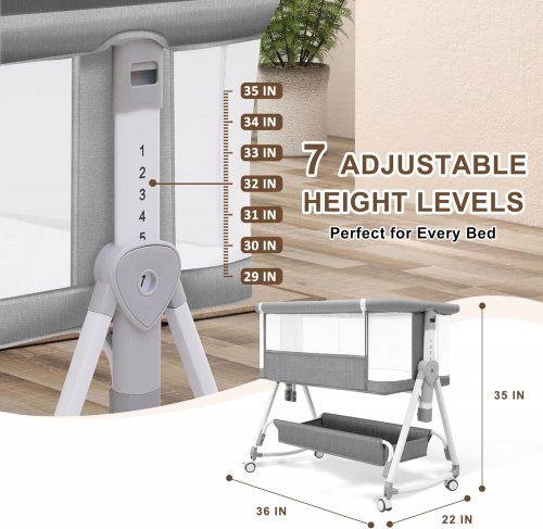 Height Adjustable Baby Bassinet with wheels and storage - Grey/White image 2