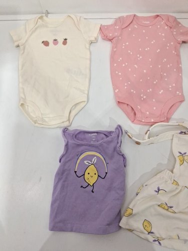 5 assorted baby CLOTHES - ONESIES, TOP, OVERALLS - 6m - PURPLE/PINK/YELLOW/WHITE image 3