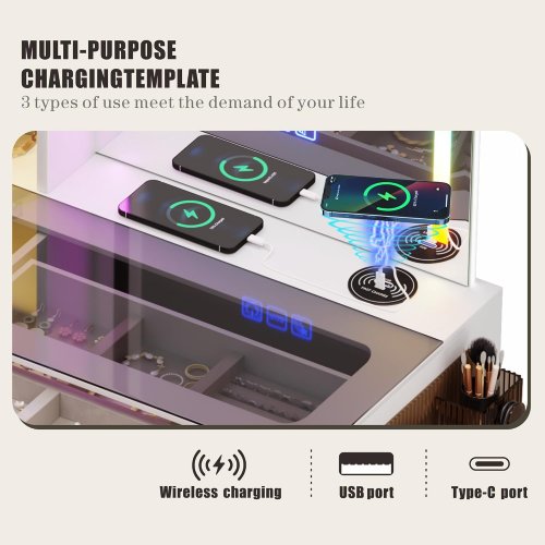 fredees vanity desk with glass top, rgb mirror, & charging station - white/black - (model: 85010-25) image 4