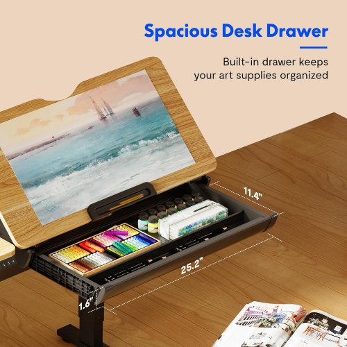 Flexispot electric standing draft table desk with adjustable tilt and storage drawer - 47" x 24" - natural wood w/black legs - (model: ed1b-v2) image 4